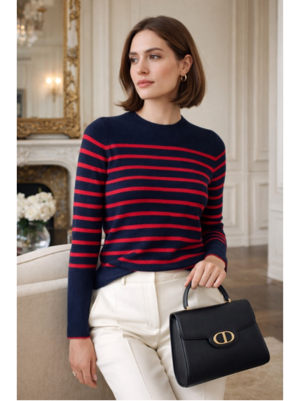 La Ligne Sweater Women M Cashmere Breton Stripe Quiet Luxury Old Money Navy Red